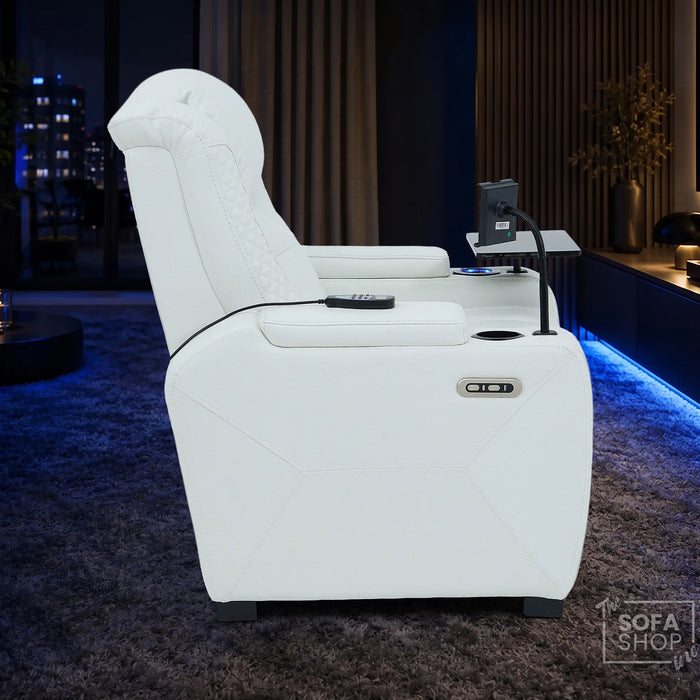 1 Seater Cinema Chair in White Genuine Leather | Hi-Tech Cinema Chair with Power Recline + Power Headrest + Vibration Massage + Heated Lumbar + Power Sockets | Napoli | The Sofa Shop