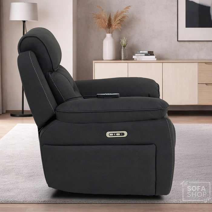1 Seater Electric Recliner Chair in Charcoal Grey Fabric | Hi-Tech Chair with Vibration Massage + Heated Lumbar + Power Headrest + Power Grommet + USB+C Charging | Florence | The Sofa Shop