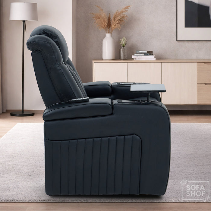 Electric Recliner Cinema Chair in Black Genuine Leather | Hi-Tech Armchair With Massage, Heated Lumbar, Heating & Cooling Cup Holders & Power Headrest | Capri | The Sofa Shop