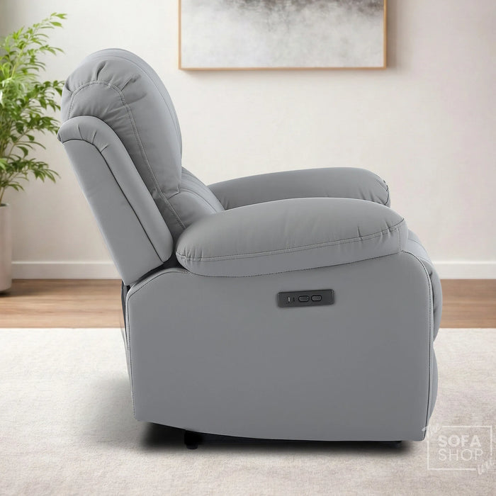 Trento Electric Recliner Chair in Light Grey Real Leather | Power Recline, Padded Armrests & Lumbar Support | The Sofa Shop