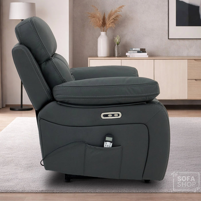 Electric Recliner Chair In Grey Real Leather | Hi-Tech Cinema Seat with Power Headrest, Massage, Heat & USB Charging Button | Grey Real Leather | Sicily