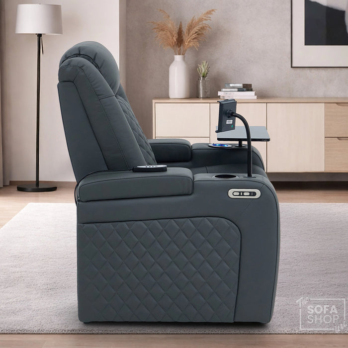 1 Seater Grey Real Leather Electric Recliner Cinema Chair | Hi-Tech Armchair With Vibration Massage, Heated Lumbar, Power Headrest, Cooling + Heating Cup Holders & Power Grommet | Milano | The Sofa Shop