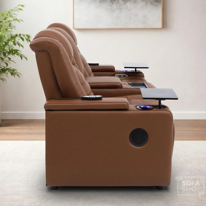 2 Seater Cinema Sofa in Brown Real Leather | Hi-Tech Console Couch with Power Recline, Vibration Massage, Heated Lumbar, Power Headrests, Wireless Charging, Heat & Cool Cupholders, Bluetooth Speakers & Multi-Link| Modena | The Sofa Shop