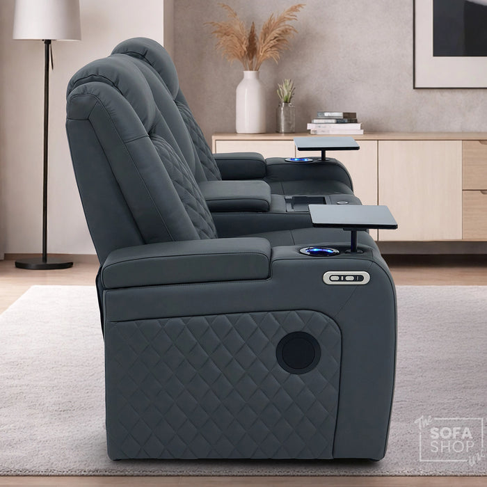 2 Seater Grey Real Leather Electric Recliner Cinema Sofa | Hi-Tech Couch With Power Headrest, Bluetooth Speakers, Wireless Charging, Cooling + Heating Cup Holder & Power Grommet  | Milano