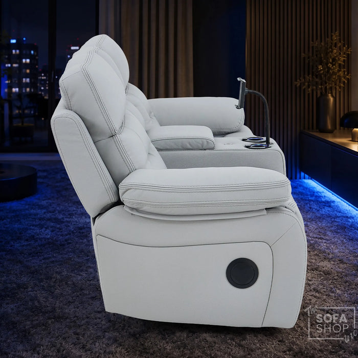 2 Seater Cinema Sofa in Light Grey Genuine Leather | Hi-Tech Console Couch with Power Recline + Power Headrests + Speakers + Cooling Cupholders | Sicily | The Sofa Shop