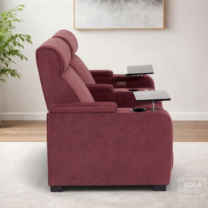 2 Seater Reclining Sofa with Electric Reclining, Massage, USB Ports, Cooling Cup Holders, Storage Boxes & LED Lights | Purple Velvet Sofa | Rimini | The Sofa Shop