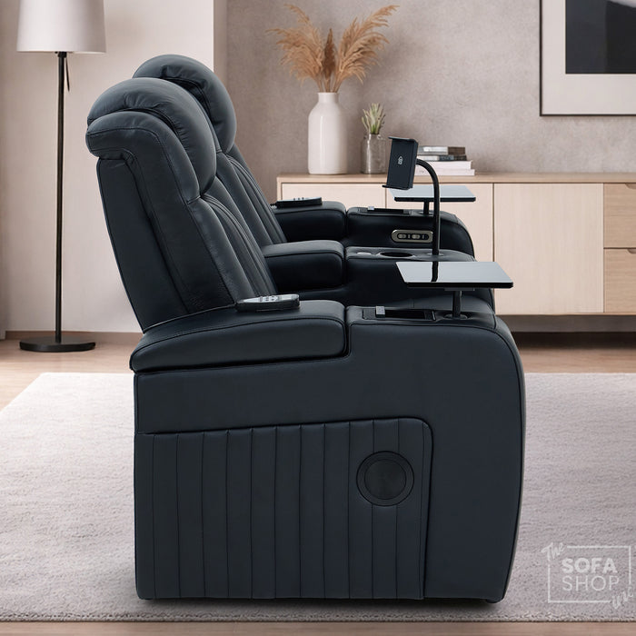 2 Seater Cinema Sofa in Black Real Leather | Hi-Tech Console Couch with Massage & Heated Lumbar, Wireless Charging, Heat & Cool Cupholders, Bluetooth Speakers & Multi-Link | Capri | The Sofa Shop