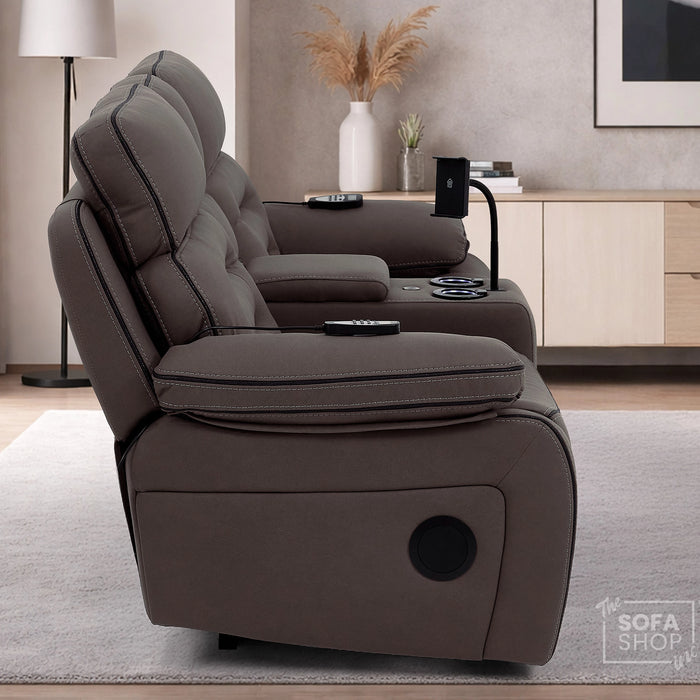 2 Seater Dark Brown Fabric Electric Recliner Home Theatre Sofa with Middle Console | Hi-Tech Sofa with 8-Point Massage, Heated Lumbar, Multi-Link Bluetooth, Cooling & Heating Cupholders | Tuscany | The Sofa Shop