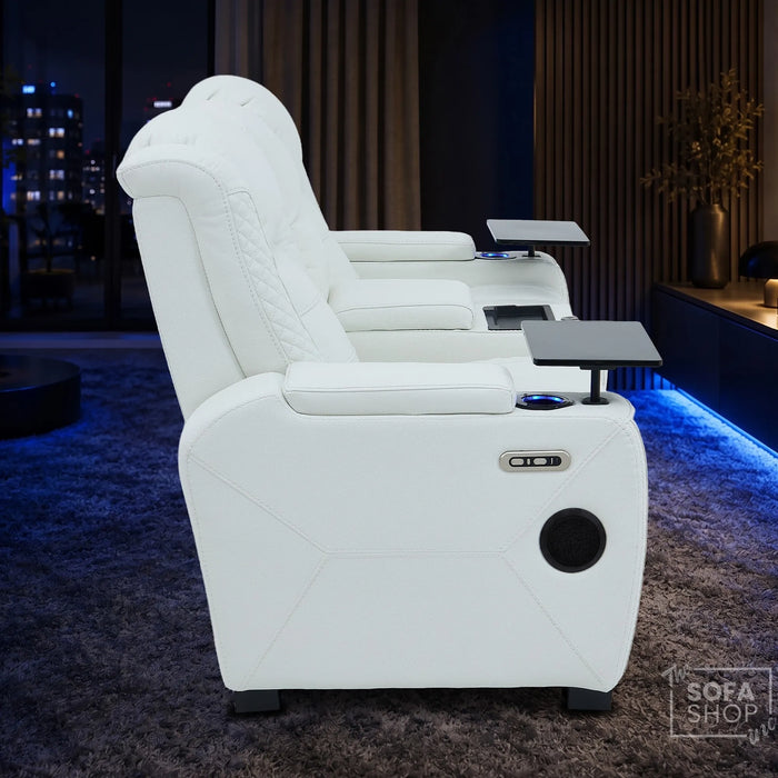 2 Seater Cinema Sofa in White Genuine Leather | Hi-Tech Console Couch with Power Recline + Power Headrests + Sockets + Speakers + Cooling Cupholders | Napoli | The Sofa Shop