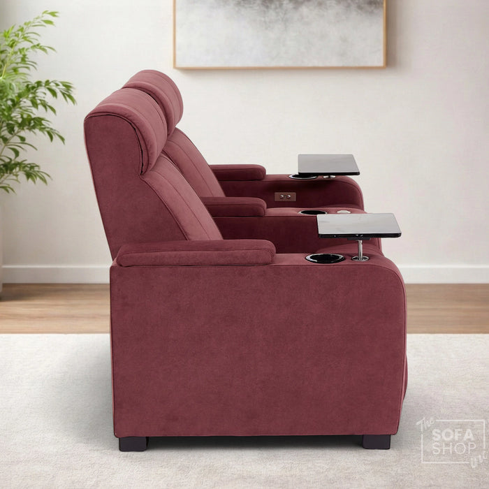 2 Seater Reclining Sofa with Electric Reclining, Massage, USB Ports, Cooling Cup Holders, Storage Boxes & LED Lights | Purple Velvet Fabric Sofa | Rimini | The Sofa Shop