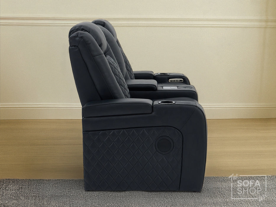Real Leather 3+2 Cinema Sofa Set in Black | Electric Recliner Cinema Sofa Package | Power Lumbar + Wireless Charger + Adjustable Headrests + USB | Milano | The Sofa Shop