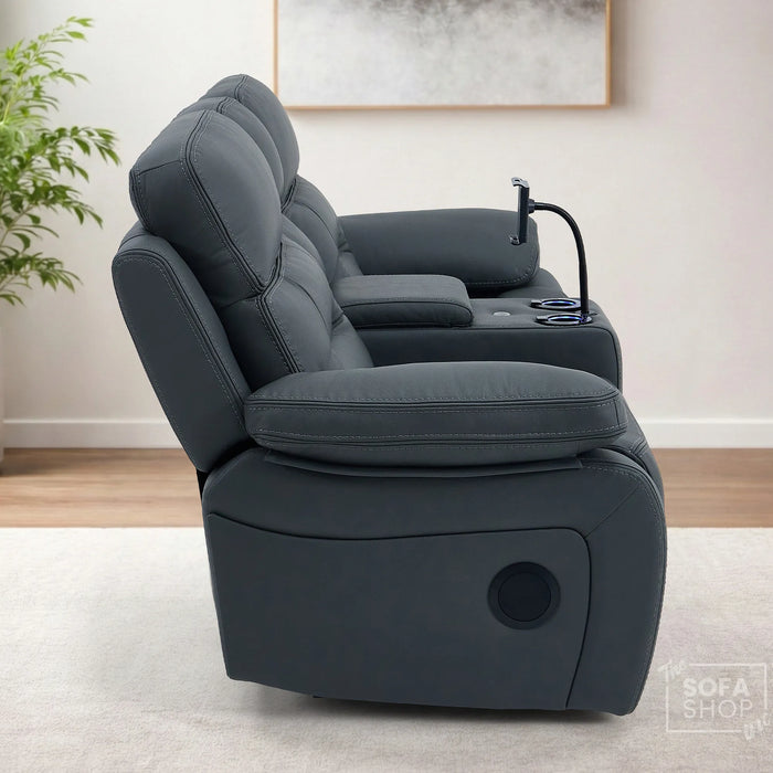 2 Seater Cinema Sofa in Grey Genuine Leather | Hi-Tech Console Couch with Power Recline + Power Headrests + Speakers + Cooling Cupholders | Sicily | The Sofa Shop