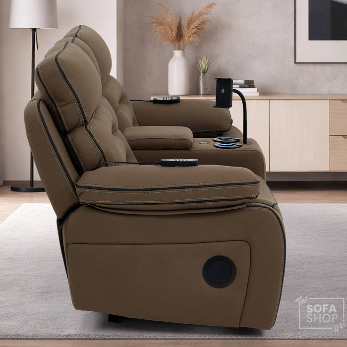 2 Seater Mocha Brown Fabric Electric Recliner Cinema Sofa with Massage, Heated Lumbar, Console, Bluetooth Speakers & LED Lights | Tuscany | The Sofa Shop