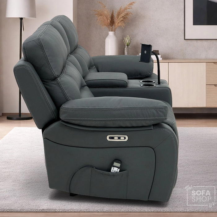 2 Seater Real Leather Electric Recliner Cinema Sofa in Grey | Massage, Heated Lumbar, Console & Cooling Cup Holders | Sicily | The Sofa Shop
