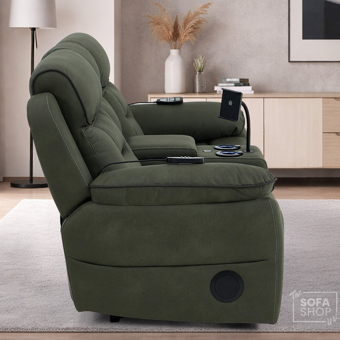 Green Fabric 2 Seater Electric Recliner Sofa | Hi-Tech Couch With Vibration Massage, Heated Lumbar, Multi-Link Bluetooth Speaker, Cooling & heating Cup Holders & Power Headrest | Florence | The Sofa Shop