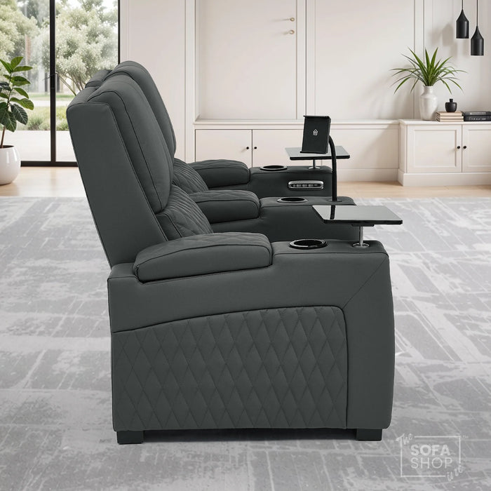 2 Seat Real Leather Electric Recliner Home Cinema Theatre Sofa In Grey With Multi-Position Reclining + LED Cup Holders & Lumbar Support | Assisi