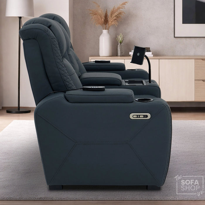 2 Seater Blue Real Leather Electric Recliner Cinema Sofa | Massage, Heat, Console, Wireless Charging & Cooling Cup Holders | Napoli