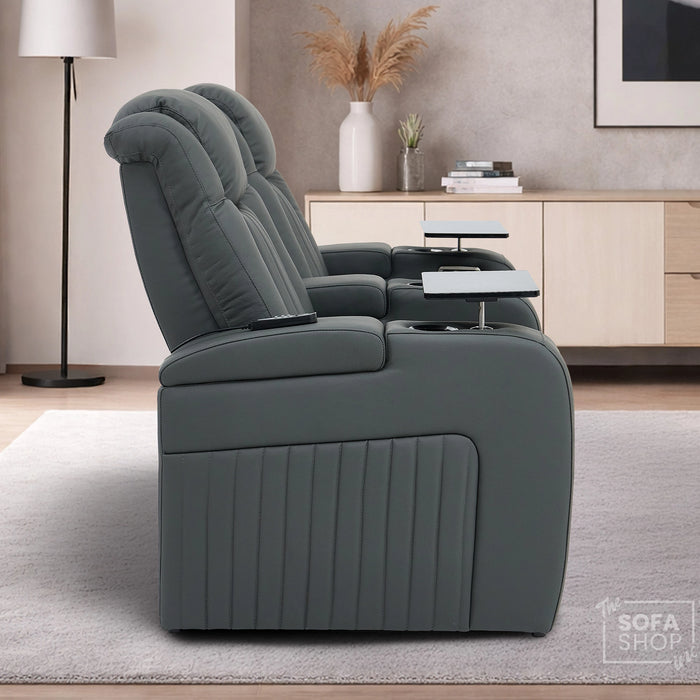 2 Seater Grey Real Leather Electric Recliner Cinema Sofa | Massage, Power Headrests & Tray Tables | Capri | The Sofa Shop