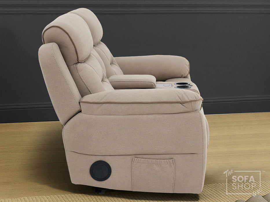 2 Seat Electric Recliner Home Cinema Sofa | Fabric Couch In Beige | Hi-Tech Sofa with Power Recliners, Chilled Cup Holders + Wireless Charging + Console + USB | Florence | The Sofa Shop