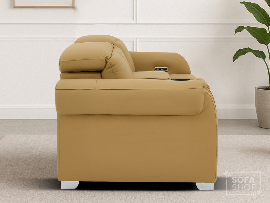 2 Seater Real Leather Electric Recliner Sofa | Cinema Sofa | Hi-Tech Sofa in Tan with Massage, Middle Console, Wireless Charging, Adjustable Headrests & USB | Turin