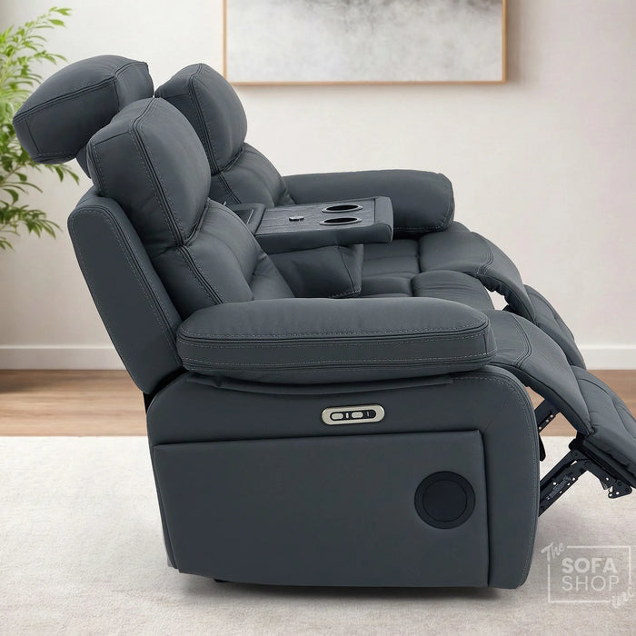 3 Seater Cinema Sofa in Grey Genuine Leather | Hi-Tech Couch with Power Recline + Power Headrests + Wireless Charging + Speakers | Sicily | The Sofa Shop