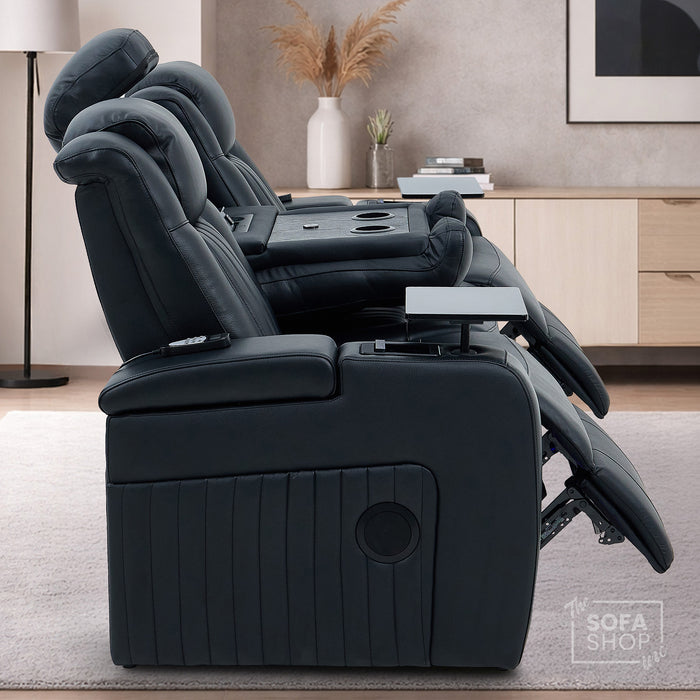 3 Seater Cinema Sofa in Black Real Leather | Hi-Tech Cinema Sofa with Vibration Massage, Heated Lumbar, Bluetooth Speakers, Heating & Cooling Cupholders | Capri | The Sofa Shop