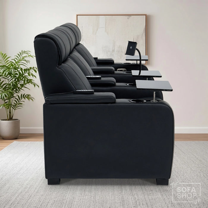 3 Seater Black Real Leather Power Recline Cinema Sofa | Hi-Tech Sofa With 8-Point Vibration Massage, Heated Lumbar & Cooler Cup Holders | Rimini | The Sofa Shop