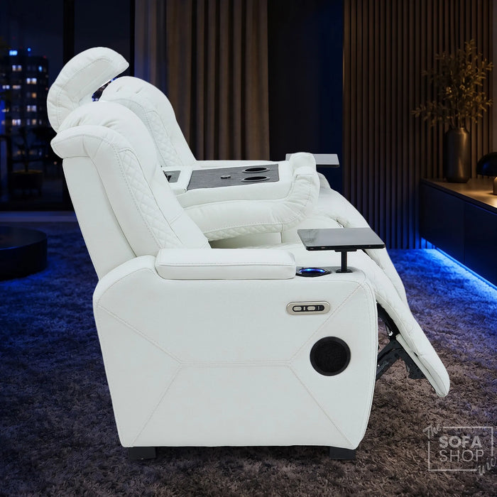 3 Seater Cinema Sofa in White Genuine Leather | Hi-Tech Cinema Sofa with Power Recline + Power Headrests + Vibration + Sockets + Base Storage | Napoli | The Sofa Shop