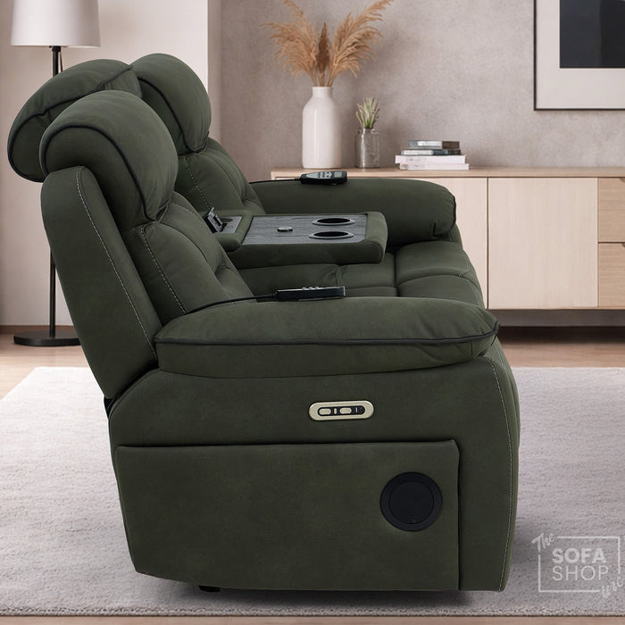 3 Seater Fabric Electric Recliner Sofa With Vibration Massage & Heating | Integrated Wireless Charging + Multi-Link Bluetooth | Green Fabric | Power Headrests & Fold-Down Table | Florence | The Sofa Shop