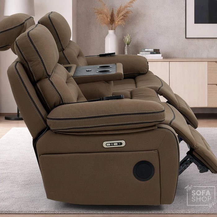 3 Seater Electric Recliner Cinema Sofa in Mocha Brown Fabric | Hi-Tech Sofa With Massage, Heat, Fold-Down Table, Bluetooth Speakers, LED Lights & Power Headrest | Tuscany | The Sofa Shop