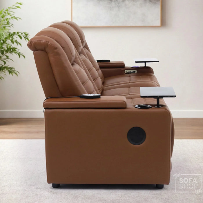 3 Seater Sofa in Brown Real Leather | Hi-Tech Smart Couch with Power Recline, Power Headrests, Wireless Charging, Vibration Massage, Heated Lumbar, Bluetooth Speakers & Multi-Link, Heat & Cool Cupholders | Modena | The Sofa Shop