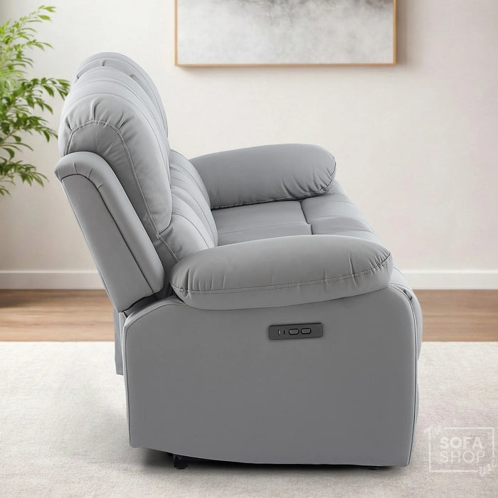 3 Seater Electric Recliner Sofa In Light Grey Real Leather | Power Recliner With Drop-Down Table & USB+C Charging | Comfortable & Family-Friendly Sofa | Trento | The Sofa Shop