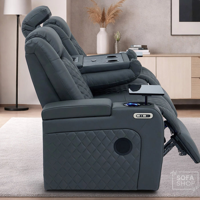 3 Seater Grey Real Leather Electric Recliner Cinema Sofa | Hi-Tech Couch With Multi-Link Bluetooth Speakers, Cooling + Heating Cup Holder, Wireless Charging, Fold Down Table, Food Trays & Power Grommet | Milano | The Sofa Shop