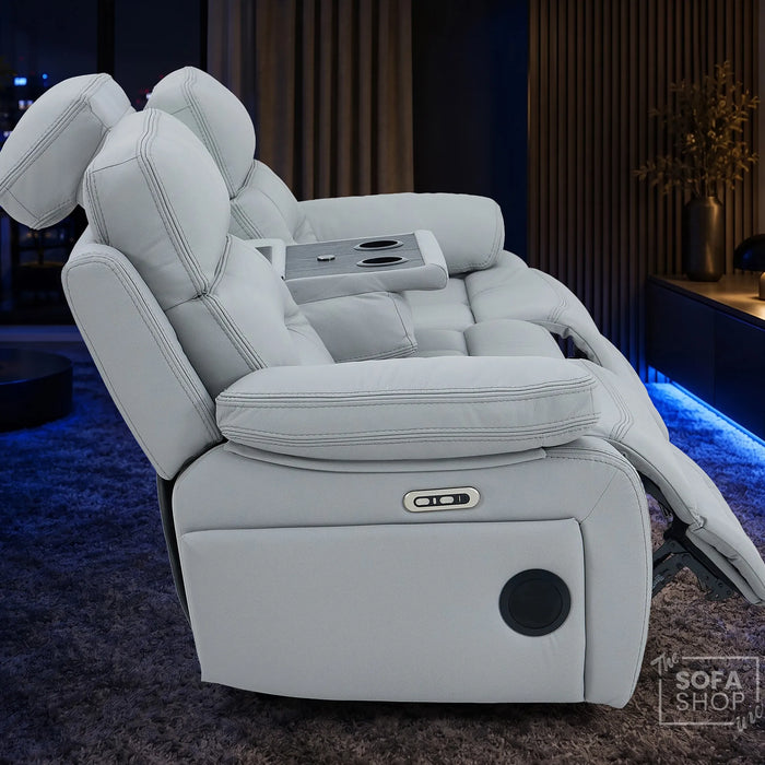 3 Seater Cinema Sofa in Light Grey Genuine Leather | Hi-Tech Couch with Power Recline + Power Headrests + Wireless Charging + Speakers | Sicily | The Sofa Shop