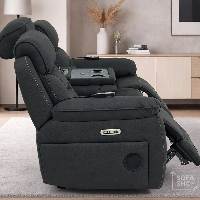 3 Seater Electric Recliner Couch in Charcoal Grey Fabric | Hi-Tech Sofa with Vibration Massage + Heated Lumbar + Power Grommet + Multi-Link Bluetooth + Power Headrests | Florence | The Sofa Shop