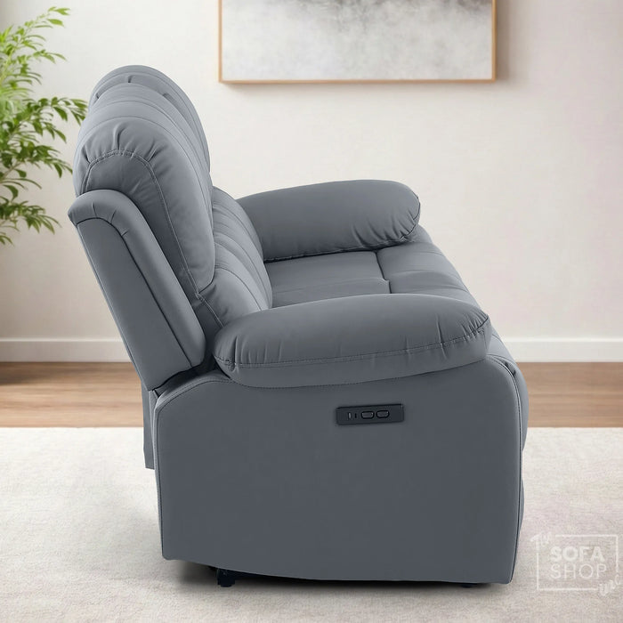 3 Seater Electric Recliner Sofa In Grey Real Leather | Power Recliner With Drop-Down Table & USB+C Charging | Comfortable & Family-Friendly Sofa | Trento | The Sofa Shop