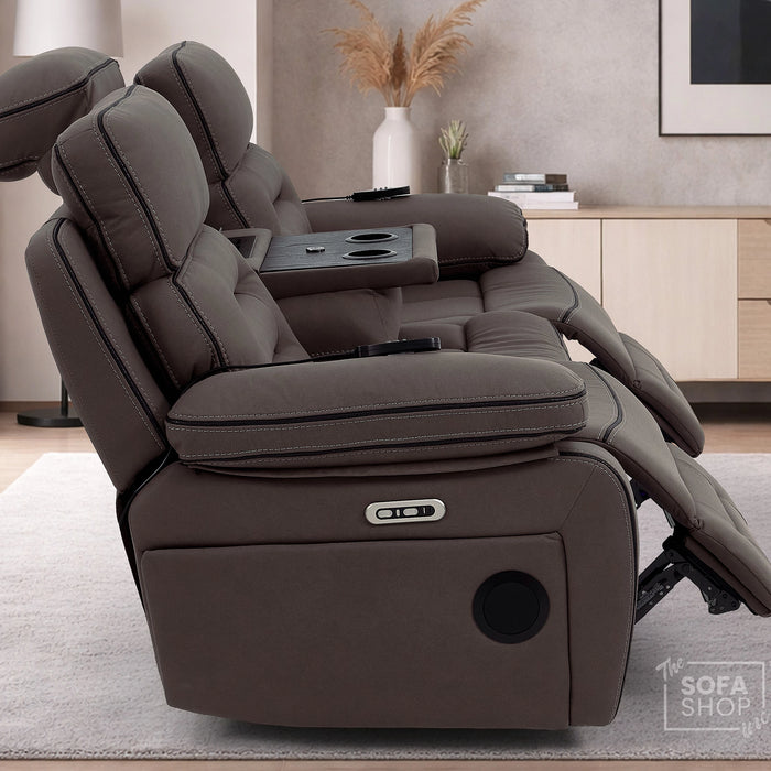3 Seater Electric Recliner Cinema Sofa in Dark Brown Fabric | Hi-Tech Sofa With Massage, Fold-Down Table, Bluetooth Speakers, LED Lights & Power Headrest | Tuscany | The Sofa Shop