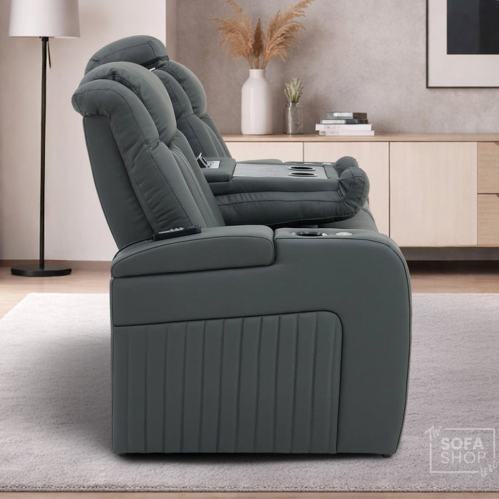 Real Leather 3+2+1 Piece Electric Home Cinema Theatre Sofa Set | Couch Suite Package in Grey + Massage + Heating + Power Recliners + Wireless Charging | Capri