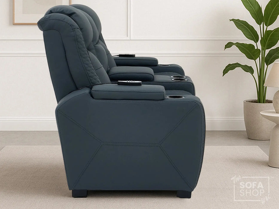 2 Seater Electric Cinema Sofa in Blue Real Leather with Massage, Cup Holders, Power Recliner, USB Ports, Socket Set & Storage Box | Blue Leather | Napoli