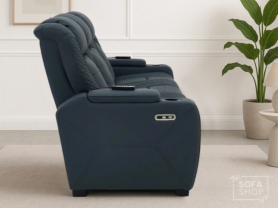 3+2 Cinema Sofa Set in Blue Genuine Leather with Massage, Drop-Down Table, Cup Holders, LED Reading Light, Power Recliner, USB Ports, Socket Set & Storage | Blue Leather | Napoli | The Sofa Shop