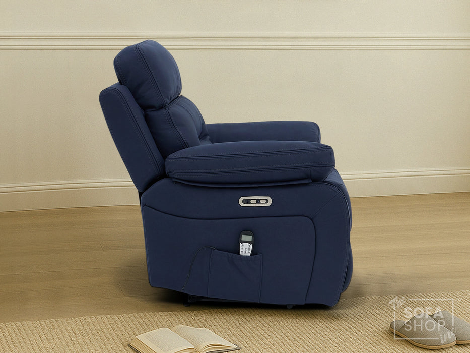 3+1 Electric Recliner Sofa Suite in Blue Resillience Fabric | Hi-Tech Cinema Set with Massage, Drop-Down Table, Power Headrest, Power Recliner, Storage Drawer, USB & Wireless Charging | Sicily