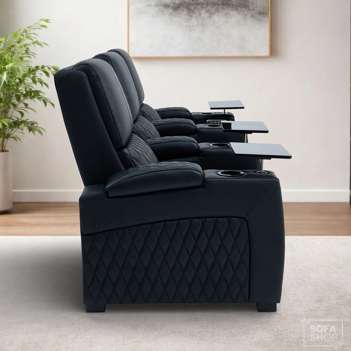 Real Leather 2 Piece Home Theatre Sofa Set in Black  | 3+2 Recliner Cinema Sofa Package with Power Lumbar, Cooling Cupholders, Tray Tables & USB+C | Assisi | The Sofa Shop