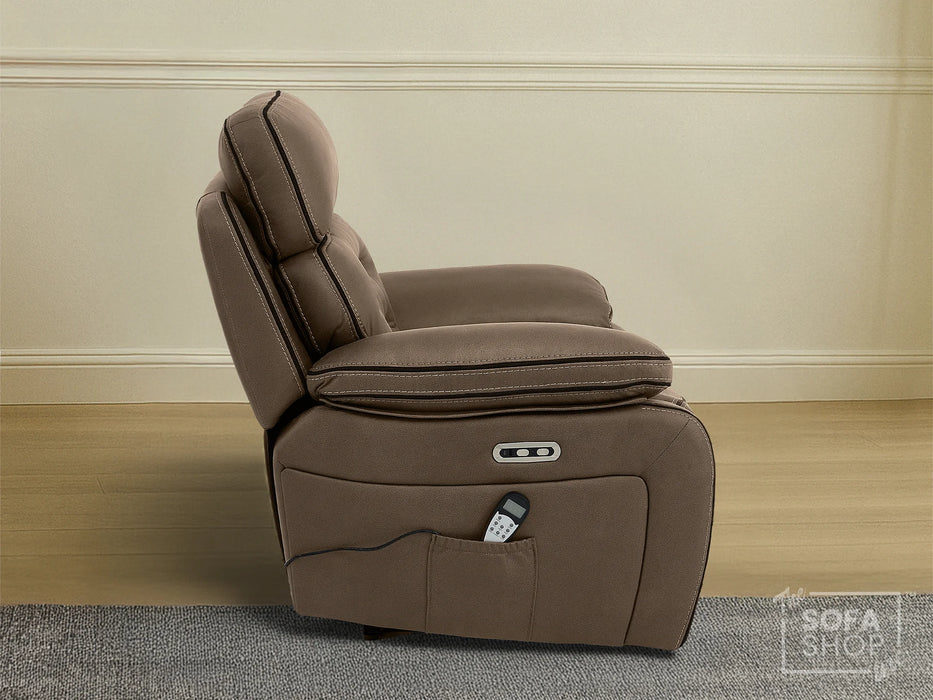 Electric Recliner Chair | 1 Seater Brown Fabric Home Cinema Sofa with Massage, Power Recline, USB Port & Adjustable Headrest | Tuscany | The Sofa Shop