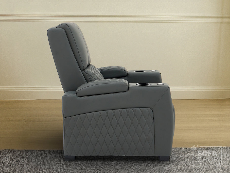 Real Leather 3+1 Home Theatre Sofa Suite In Grey | 2 Piece Reclining Cinema Sofa Package With Massage, Low Heated Lumbar, Power Lumbar, LED & Cooling Cup Holders | Assisi