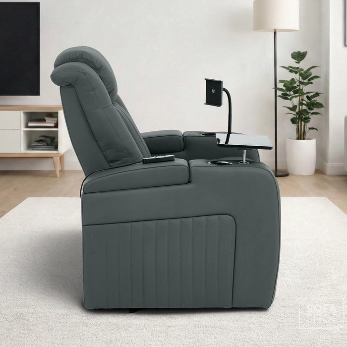 Real Leather Recliner Chair & Cinema Seat in Grey | Electric Armchair with Massage, Heating, LED Cup Holders, Table & USB Ports | Capri