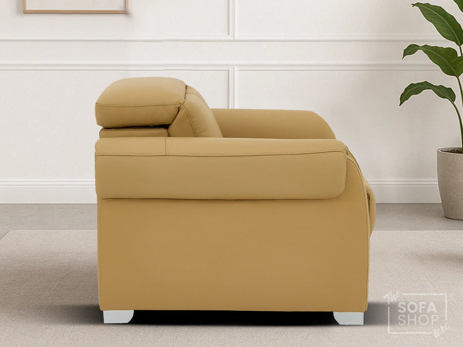 Real Leather Electric Recliner Chair In Tan | Hi-Tech Chair with Massage, Power Headrest + USB Charging Ports | Turin