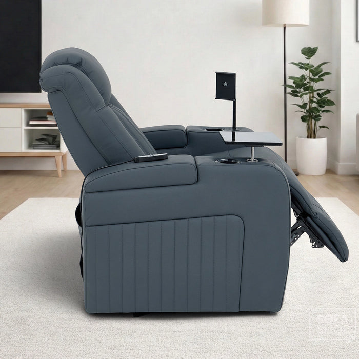 Real Leather Recliner Chair In Blue with Power Headrest, Power Recline, Massage, Heating, USB Charging, Cooling Cup Holder & Tray Table | Capri