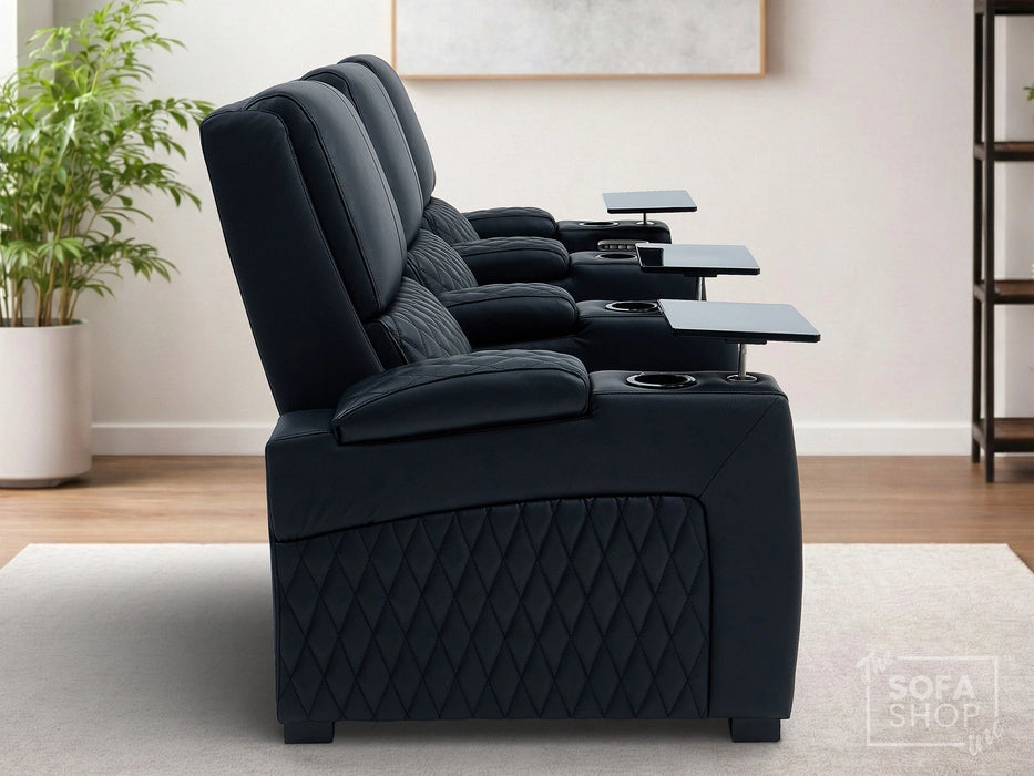 3 Seater Cinema Sofa in Black Real Leather | Luxury Theatre & Home Cinema Seating | Electric Recliner With USB Charging + Cupholders & Power Headrests | LED Lighting & Hidden Storage | Assisi