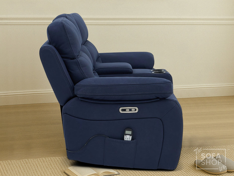 3+2 Electric Recliner Sofa Set in Blue Resillience Fabric | Hi-Tech Cinema Package with Massage, Drop-Down Table, Power Headrest, Power Recliner, Storage Drawer, USB & Wireless Charging | Sicily