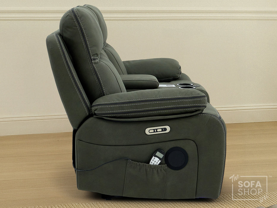 2 Seater Hi-Tech Sofa | Electric Recliner Home Cinema Seat in Green Fabric with Massage + Chilled Cupholders + Console + Power Sockets + USB | Vinsonova
